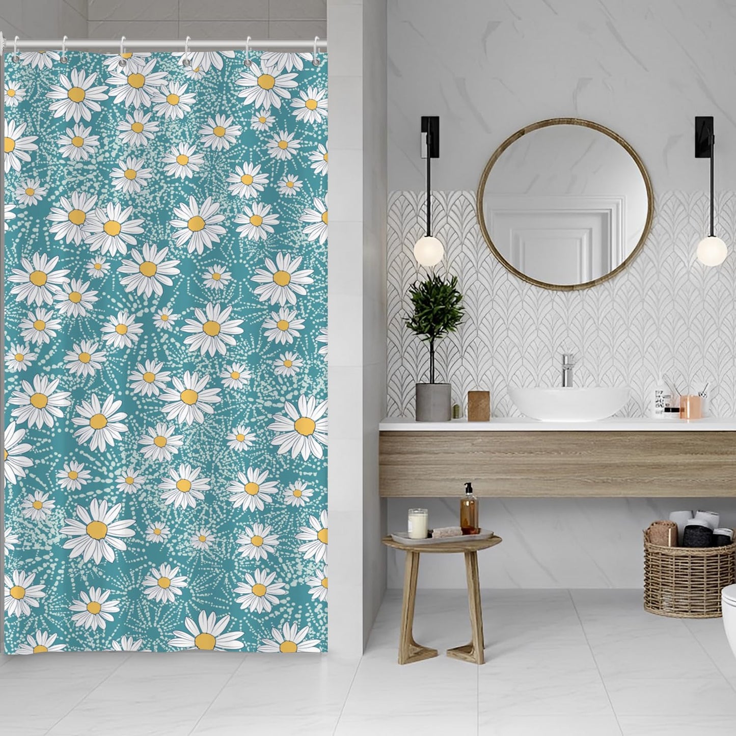 ASDCXZ Flower Shower Curtain 120x180 cm, Spring Summer White Yellow Daisy Flowers Blue Bath Washable Narrow Shower Curtains Polyester Textile