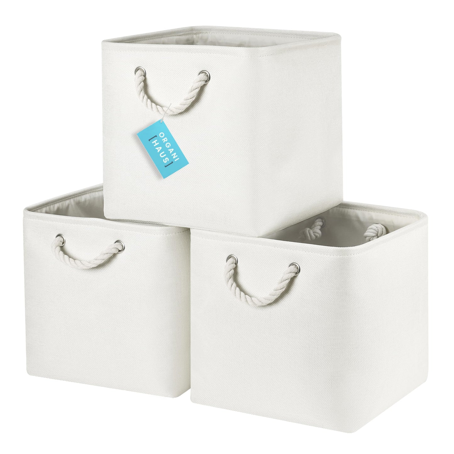 OrganiHaus Fabric Storage Boxes, Set of 3 Foldable 30X30 Cube Organiser Bins with Rope Handles for Shelves, Nursery & Closet