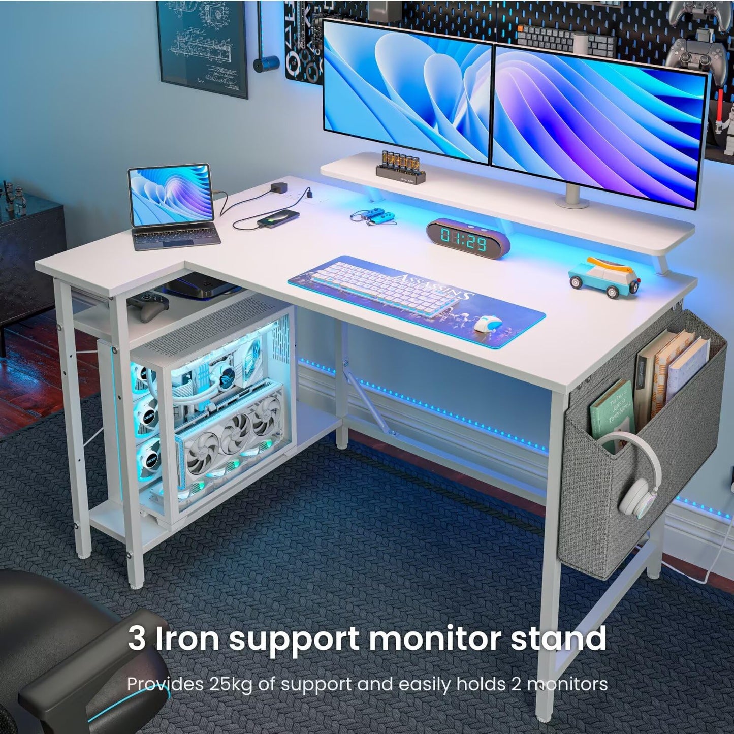 DOMSHOCT L Shaped Gaming Desk with LED Lights & Power Outlets, 120 * 80cm Corner Computer Table with Storage Bag & Adjustable Shelves & Large Monitor