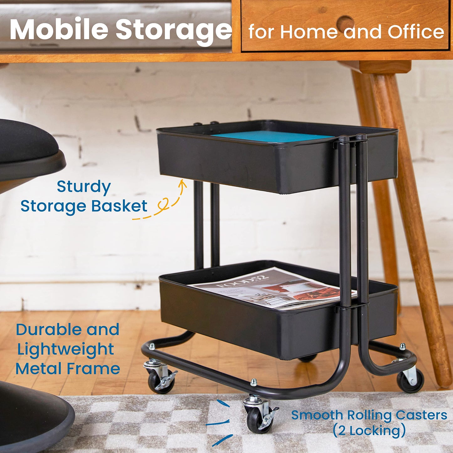 ECR4Kids 2-Tier Metal Rolling Utility Cart - Under Desk Office Storage, Multipurpose Mobile Organizer, Black