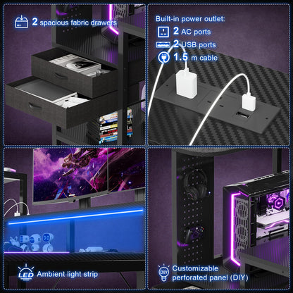 JUMMICO 140×70cm Gaming Desk with Pegboard & Built-in Power Outlet, Computer Desk with RGB LED Lights, 2 Fabric Drawers, Monitor Stand