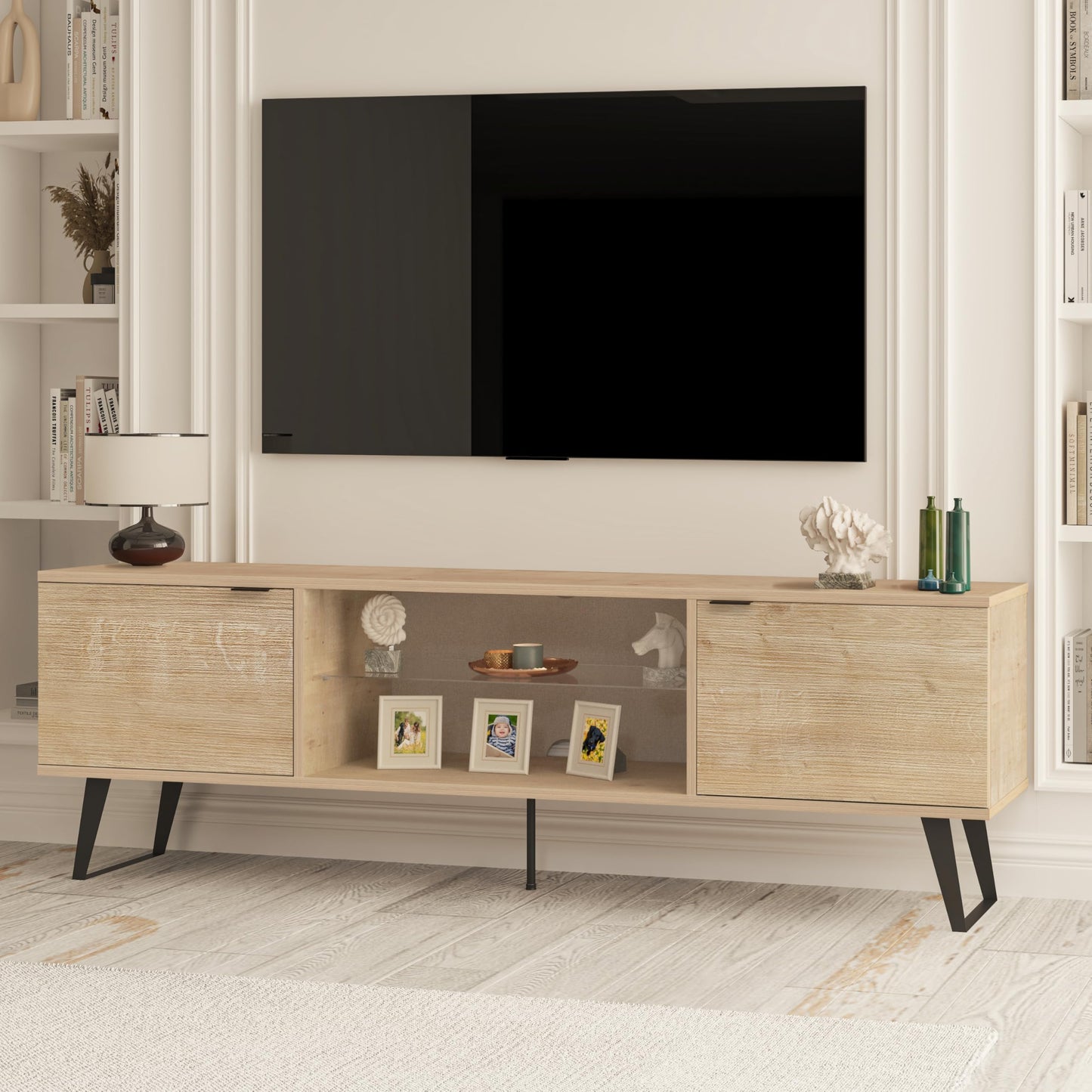 Uniqtrio TV Stand Cabinet | Walnut TV Unit with Glass Shelf | TV Cabinet | TV Stand Unit | TV Units for Living Room | TV Table |Soft Closing Hinges