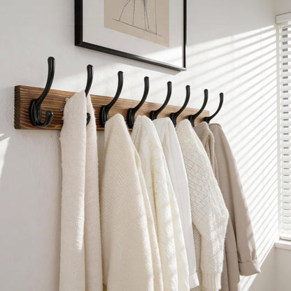 HONSKY Wall Coat Rack with 8 Double Hooks,Wooden Coat and Towel Hanger Storage for Entryway, Bathroom, Bedroom, Garage,Brown Base/Black Hook
