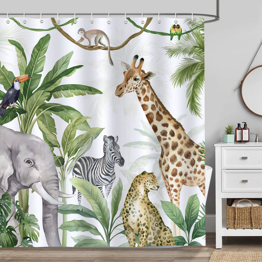 Bonhause Tropical Rainforest Animals Shower Curtain Jungle Elephant Giraffe Leopard Bathroom Curtain 180 x 180 cm Waterproof Mildew & Mould Resistant