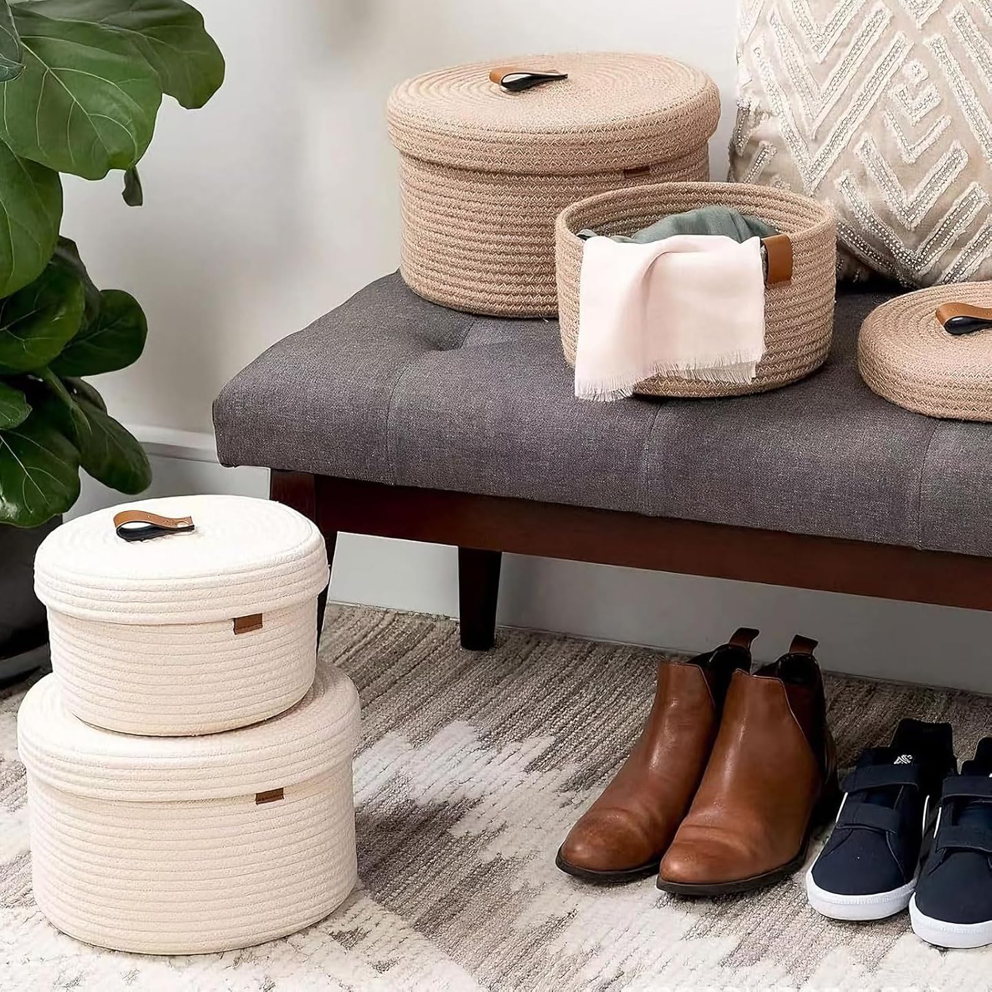 Set of 2 Storage Basket with Lid, Round Cotton Rope Decorative Basket with Leather Handles, Multifunctional Woven Baskets for Shelves, Bedroom