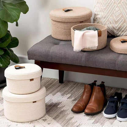 Set of 2 Storage Basket with Lid, Round Cotton Rope Decorative Basket with Leather Handles, Multifunctional Woven Baskets for Shelves, Bedroom