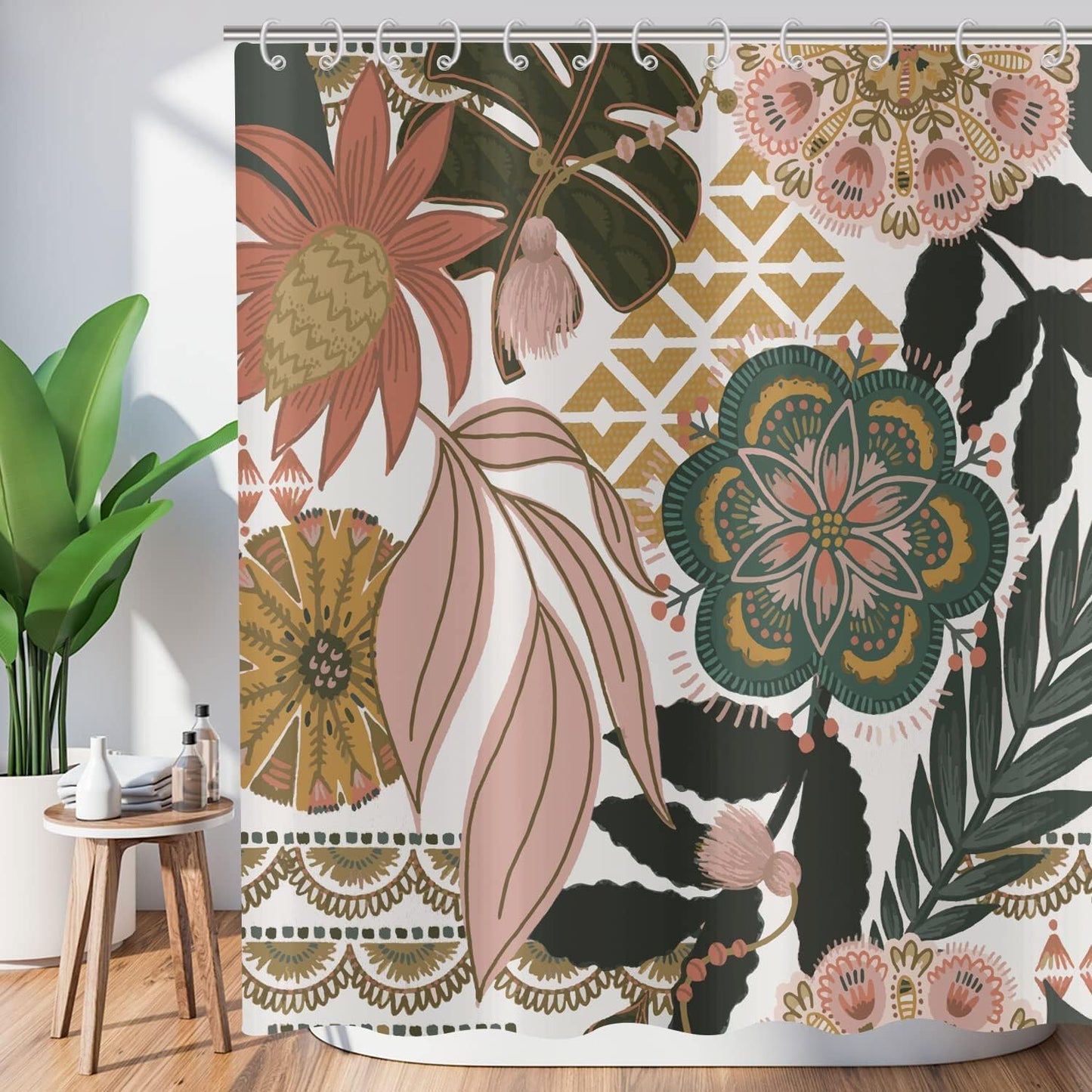 ASDCXZ Shower Curtain Boho Flowers 180 x 200 cm, Abstract Tropical Plants Pink Green Flowers Leaves Washable Bathroom Shower Curtains Polyester