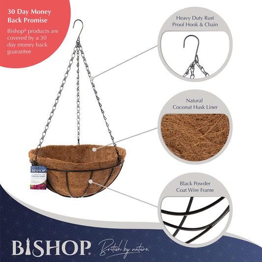Bishop Hanging Basket With Liner ? Includes Coco Liners for Hanging Baskets, 12 inch Black Wire Basket ? Ideal Gardening Gifts For Mum ? Great Garden