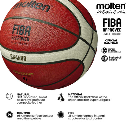 Molten BG4500 Basketball, Match Ball, BBL & WBBL, FIBA Approved, Premium Composite Leather, Indoor Play, Orange/Ivory, Size 7, Suitable For Boys age