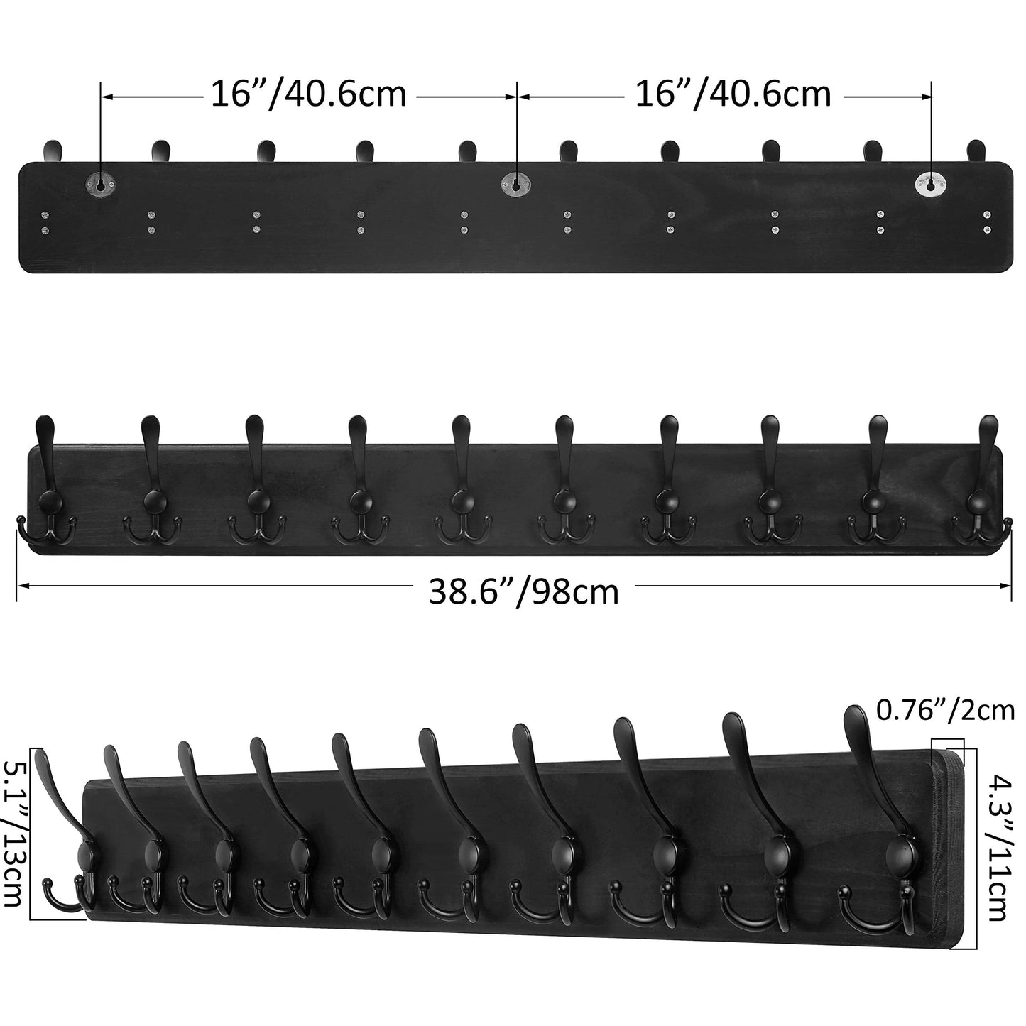 SKOLOO Coat Rack Wall Mounted - 38.3'' Long, Wooden, Heavy Duty, Rustic Coat Hooks for Wall, 16'' Hole to Hole