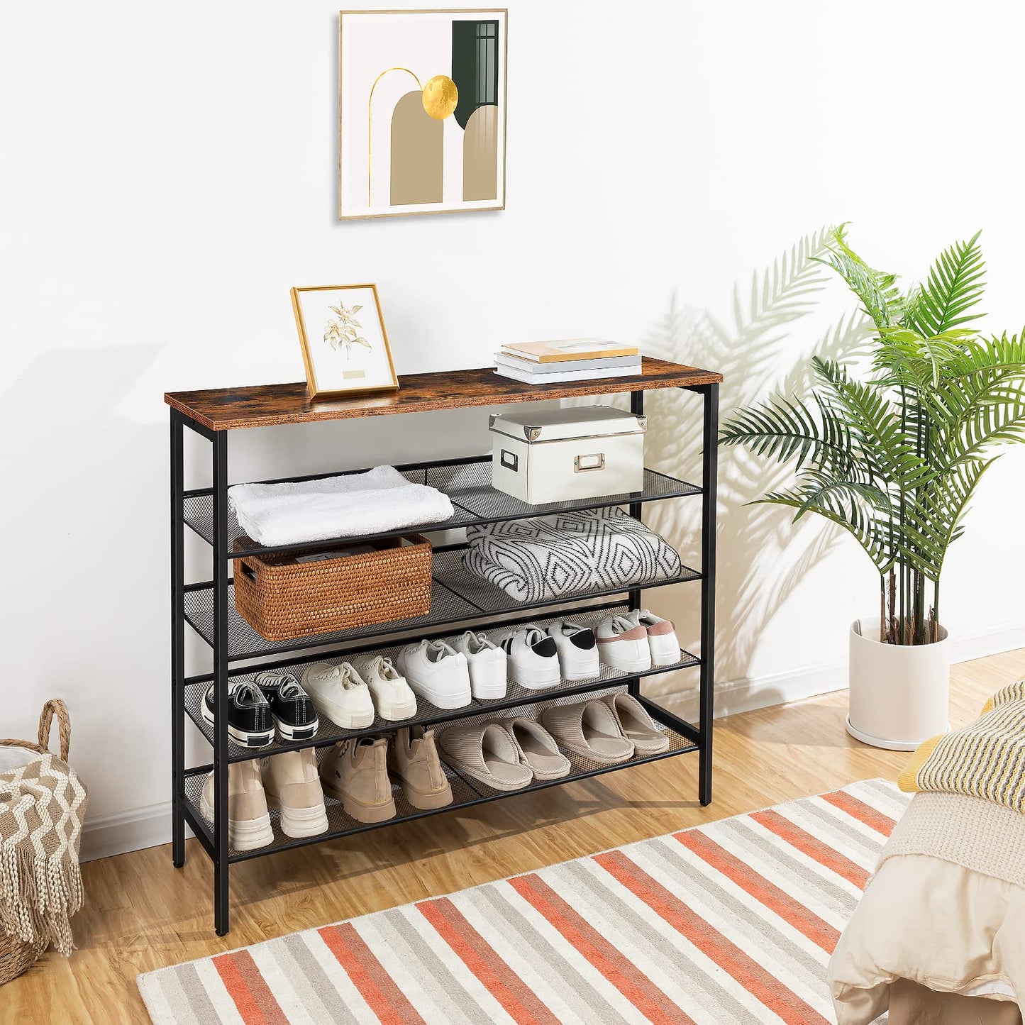 HOOBRO Shoe Rack, 5-Tier Shoe Organizer Shelf, 100 x 30 x 85 cm, with Flat or Slant Adjustable Shelf, Sturdy, Shoe Storage Organiser for Entryway,