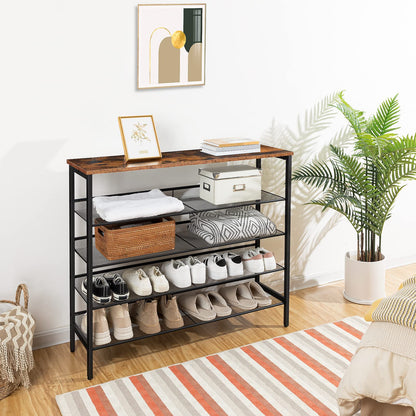HOOBRO Shoe Rack, 5-Tier Shoe Organizer Shelf, 100 x 30 x 85 cm, with Flat or Slant Adjustable Shelf, Sturdy, Shoe Storage Organiser for Entryway,