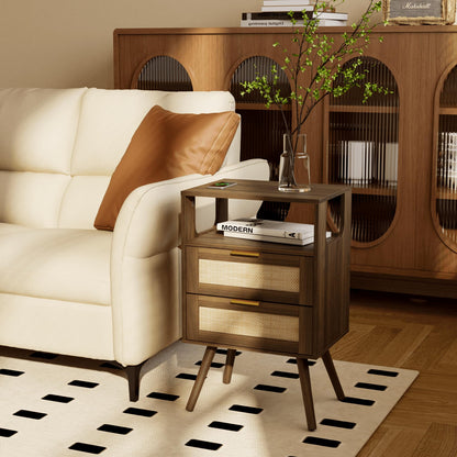 JERX Rattan Bedside Table, Farmhouse Nightstand with 2 Storage Drawer and Open Wood Shelf, for Bedroom and Small Spaces