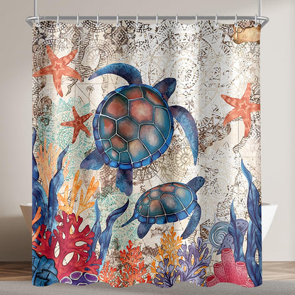Lerores - Shower Curtain 240 x 200 cm, Anti-Mould Turtle Star Textile, Weighted Bottom
