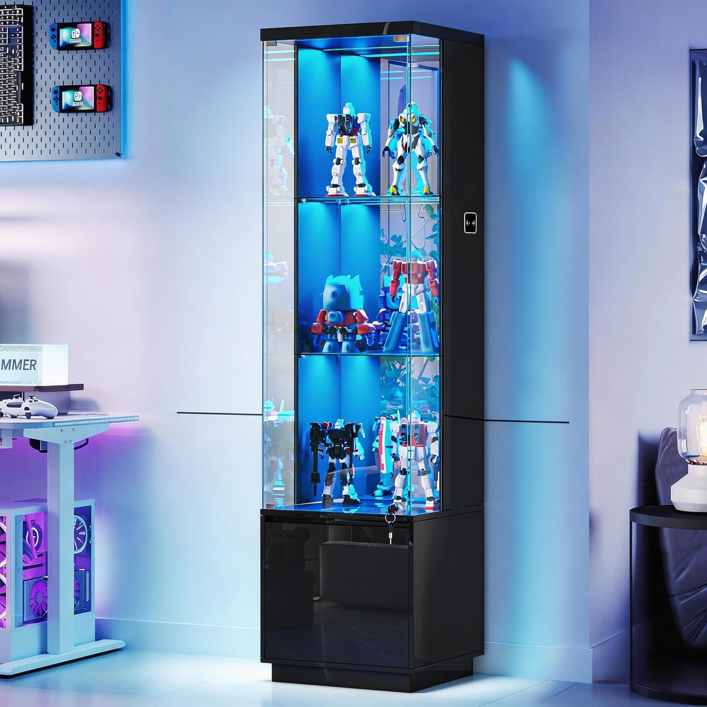 4-Tier LED Glass Display Cabinets with Human Body Sensor for Living Room