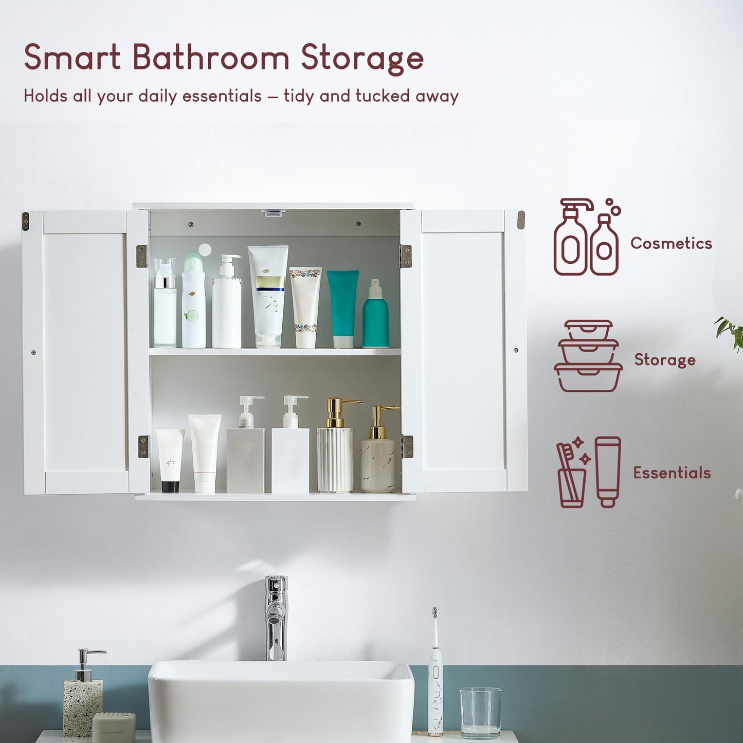 Bath Vida Double Door Shutter Wall Mounted Bathroom Cabinet, Wood, White