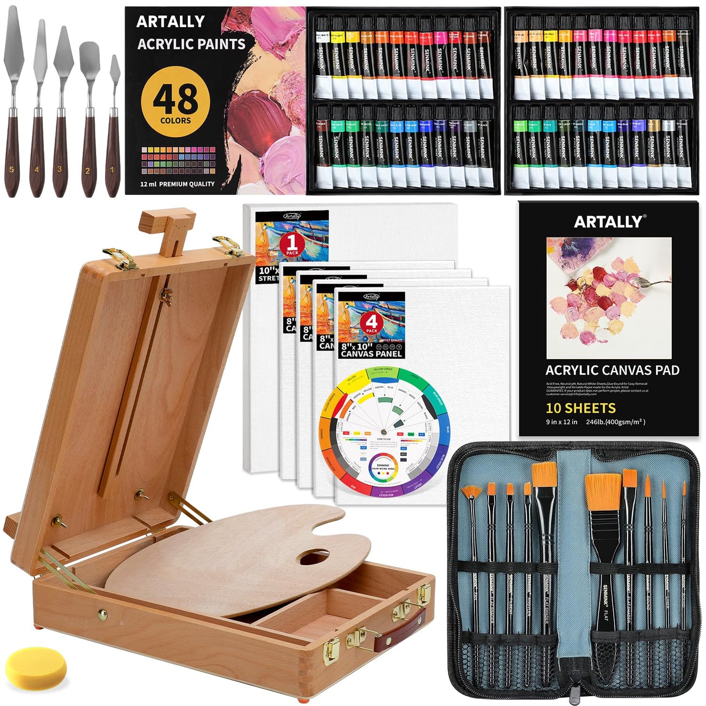 84-Piece Professional Acrylic Painting Set with Table Box Easel, 48 Colors Acrylic Paint Set, Paint Brush Set & Case,Canvas Pad, Complete Art Supplies