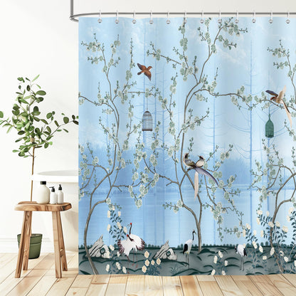 Hopomoon Light Blue Chinoiserie Bird Crane Shower Curtain, Waterproof Polyester Bath Curtain