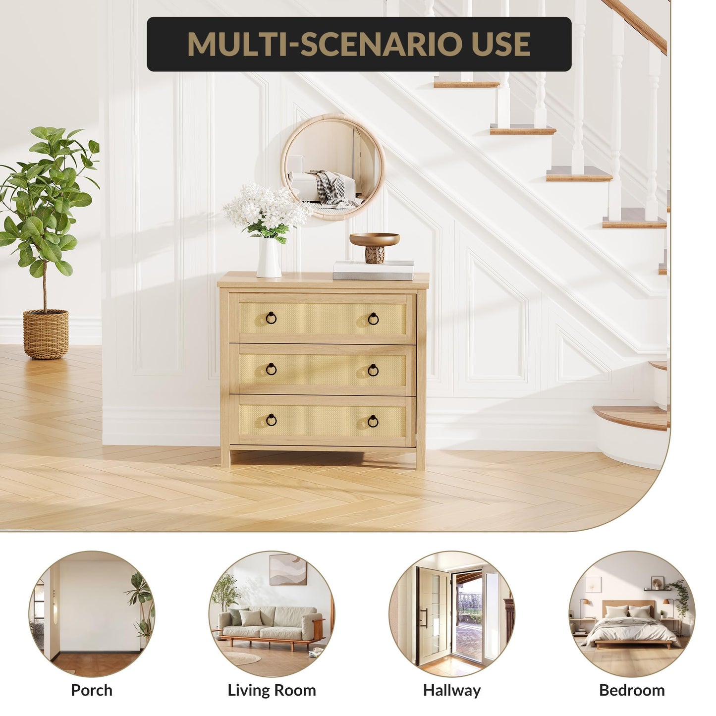 Crevyteg Natural Rattan Weave Dresser with Multiple Drawers, Sturdy Engineered Wood Storage Chest for Bedroom Living Room Nursery Hallway Organization