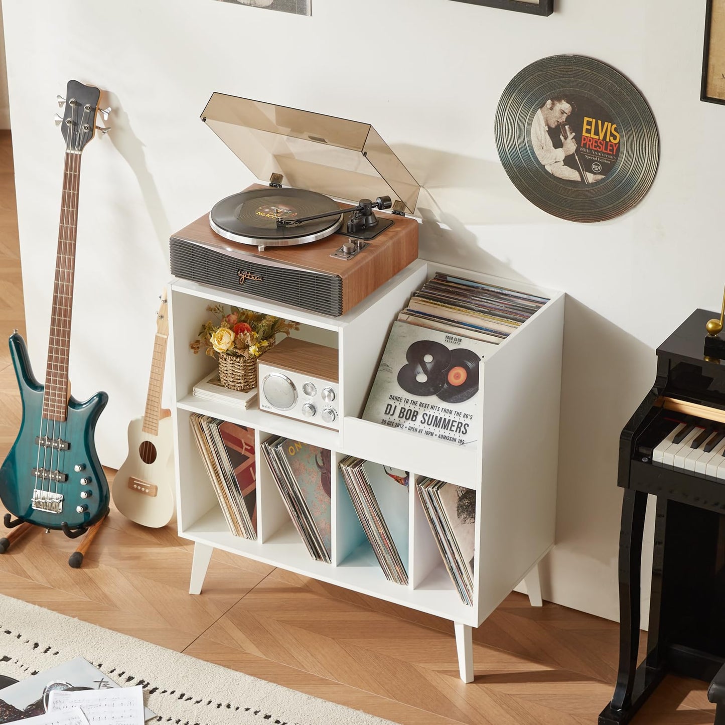 LELELINKY Large Vinyl Record Stand with 4 Shelves, Retro Style Turntable Stand for Up to 300 Albums, Record Player Stand with Shelf and Open Display