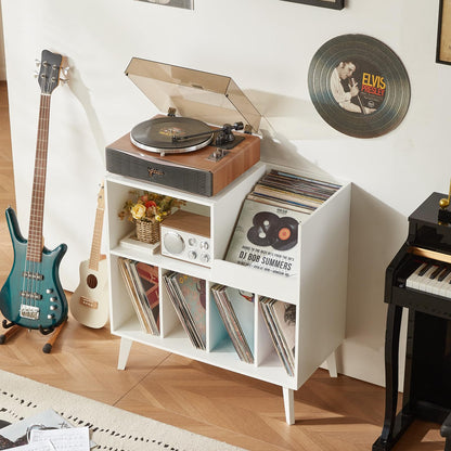 LELELINKY Large Vinyl Record Stand with 4 Shelves, Retro Style Turntable Stand for Up to 300 Albums, Record Player Stand with Shelf and Open Display