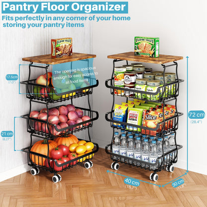 4 Tier Pantry Organisers and Storage Cart with Rolling Wheels, Stackable Metal Baskets for Pantry Shelves