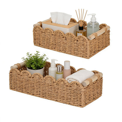 2Pcs Wicker Storage Baskets, Handwoven Organiser Boxes with Wooden Handles, Versatile Woven Bins for Bathroom, Kitchen, Pantry