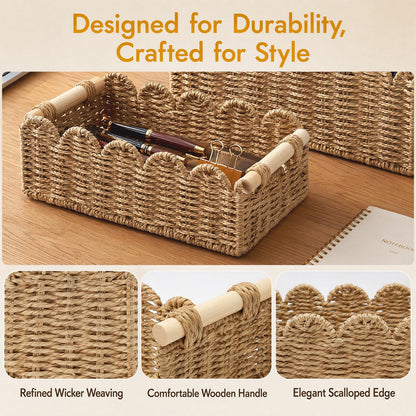 2 PCS Rattan Scalloped Basket, Wicker Storage Basket for Countertop Shelves with Wooden Handles