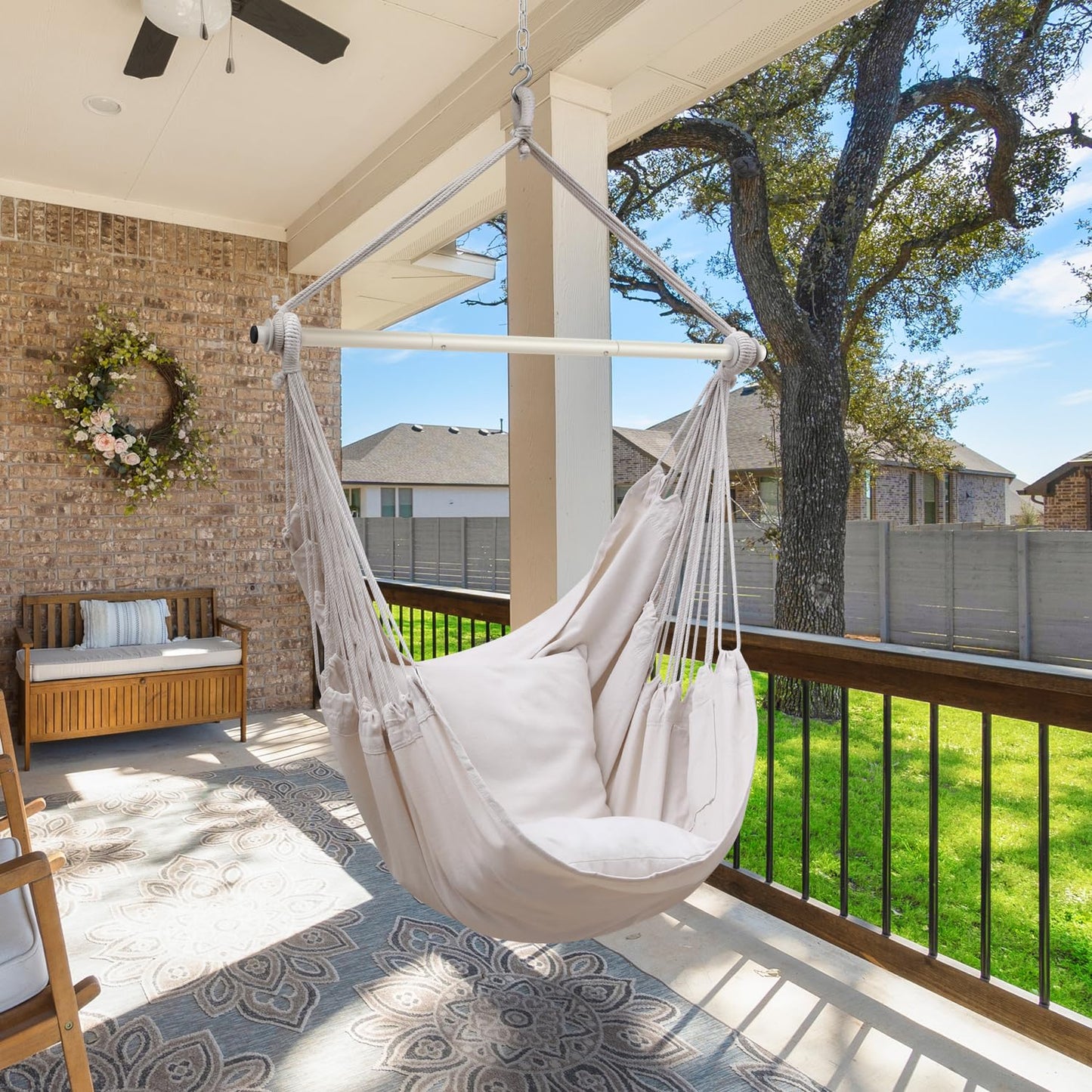 Swing Chair with Hardware Kit: Ohuhu XL Portable Hanging Chairs with 2 Cushions Detachable Metal Support Bar Side Pocket for Indoor Outdoor, Hammock