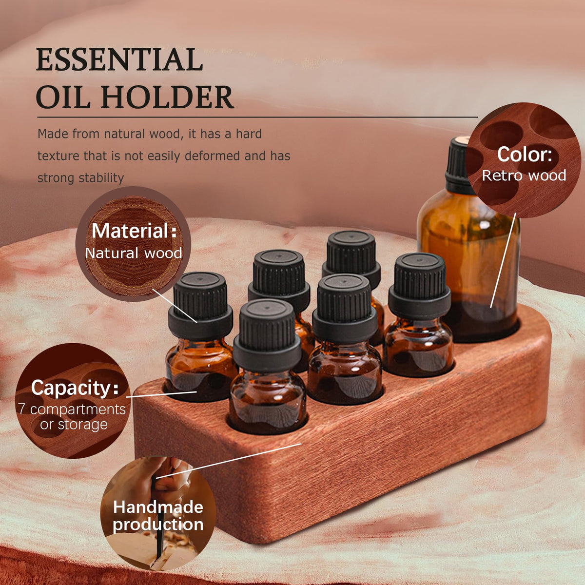 Wisnewth Wooden Essential Oil Holder with 7 Holes (4cmx6 & 6cmx1), Retro Desktop Display Rack for Bathroom Vanity Desk Organizer