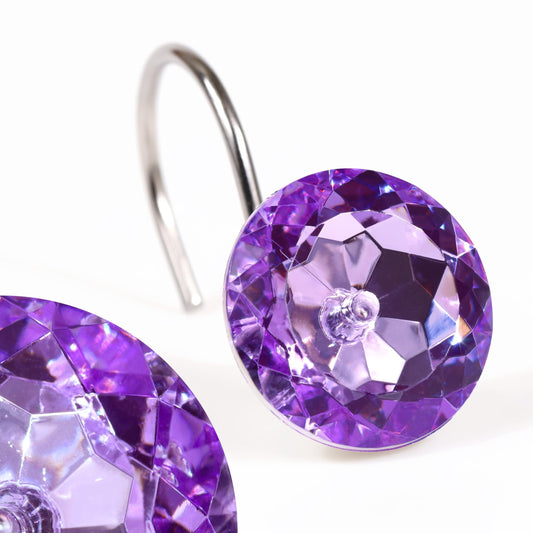 Purple Crystal Shower Curtain Hooks: Lavender Bling Glitter Sparkle Shiny Round Diamond Decorative Shower Curtain Hooks for Christmas & Holidays -