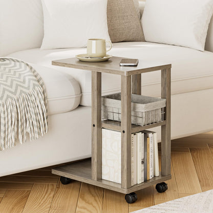 Apetaccat Side Table on Wheels, C-Shaped Sofa Table, Narrow Side Table, Wood Coffee Tables,Small End Tables Bedside for Living Room, Bedroom,Grey