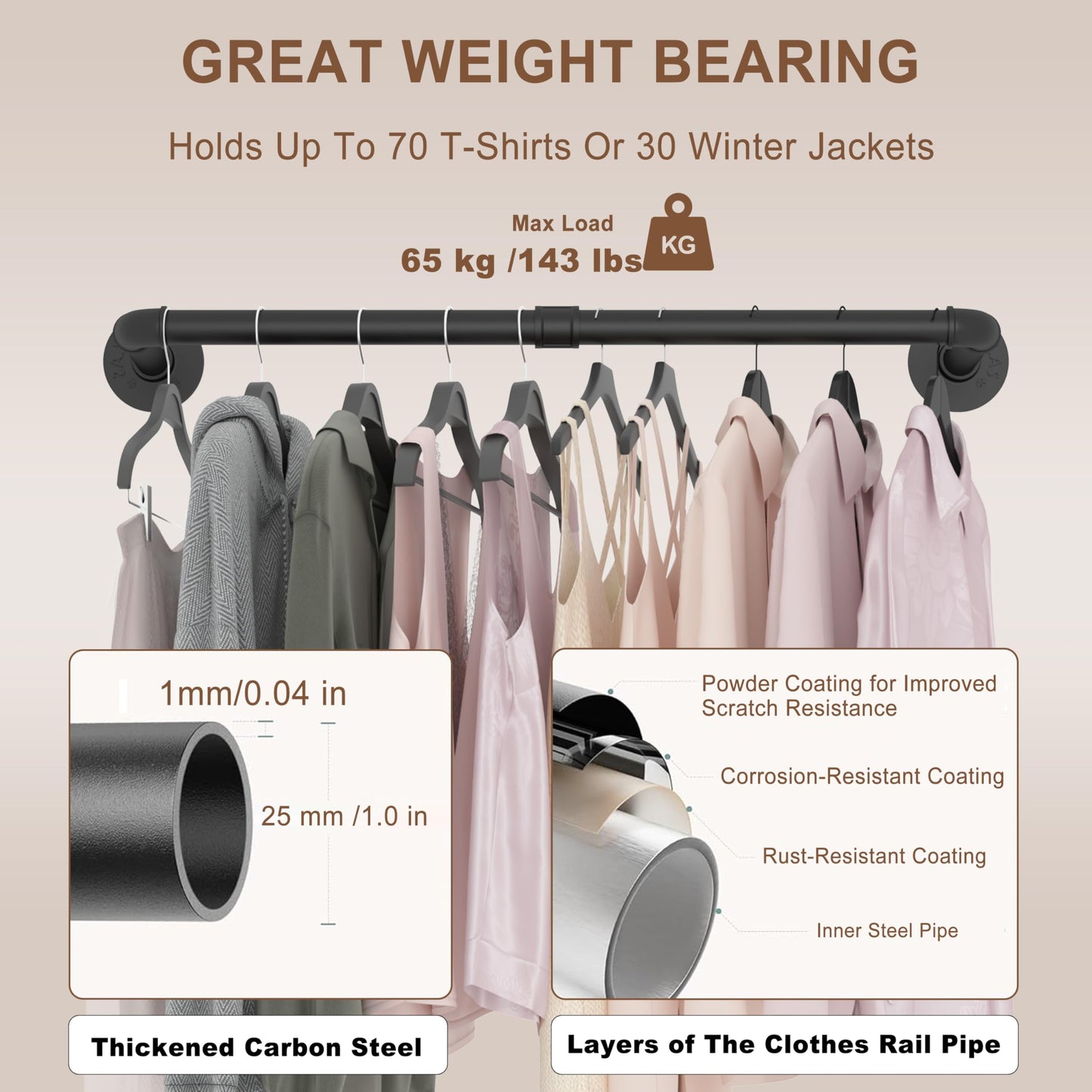 VOLISON Wall Mounted Clothes Rail, 186CM Industrial Pipe Clothing Rack, Detachable Heavy Duty Metal Garment Rail