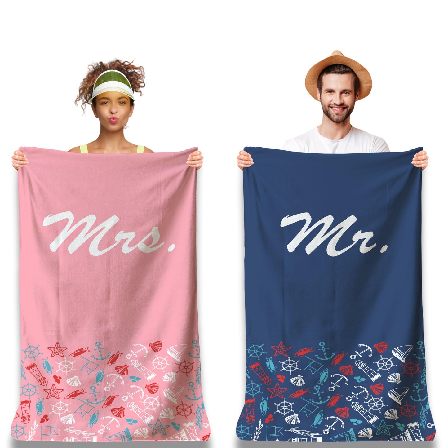 Zinello Design Set of 2 Personalised Microfibre Beach Towels for Couple, 2 Beach Towels 160 x 80 cm Ultra Absorbent, Quick Dry, Lightweight and