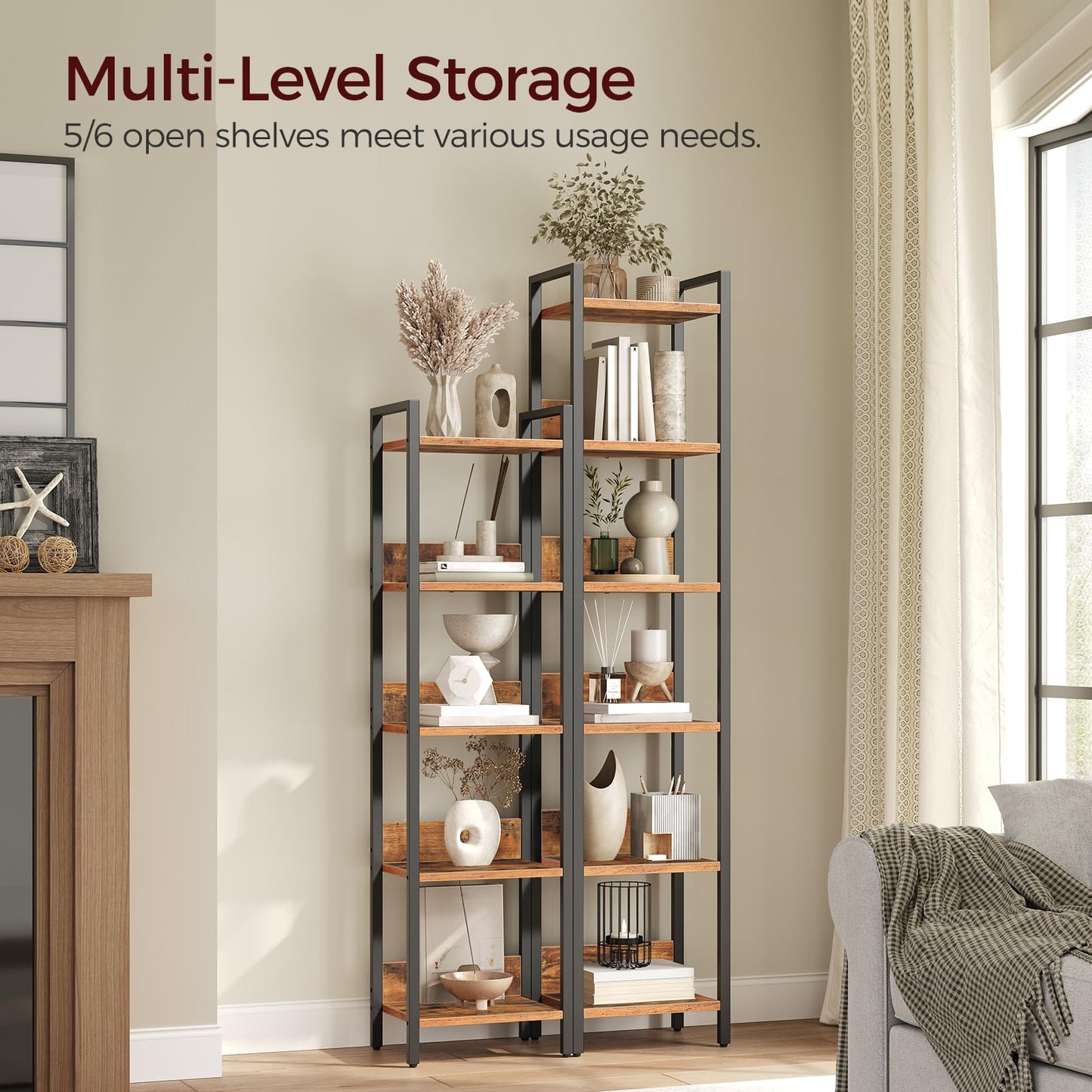 MAHANCRIS Bookshelf, 6-Tier Bookcase, Standing Book Shelf for Small Space, Storage Shelf Organizer, for Living Room, Bedroom, Study, Balcony