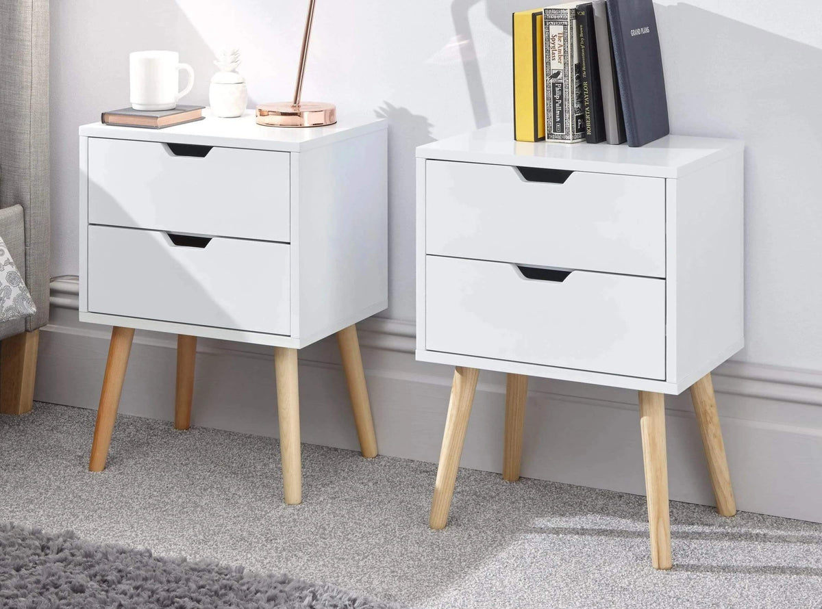 GFW Nyborg Set of 2 Bedside Cabinets, Dark Grey 2 Drawer Scandi Nightstands with Wooden Legs and Cut-Out Handles