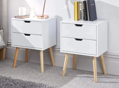 GFW Nyborg Set of 2 Bedside Cabinets, Dark Grey 2 Drawer Scandi Nightstands with Wooden Legs and Cut-Out Handles