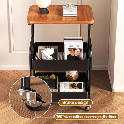 3-Tier Trolley on Wheels,with Wooden Shelves and Metal Baskets White