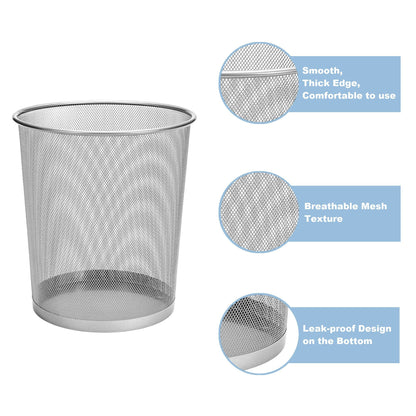 D.RECT Round Mesh Bin Silver 12L – Metal Wastepaper Basket for Office & Home – Breathable Design, Anti-Rust Coating, Leakproof Bottom