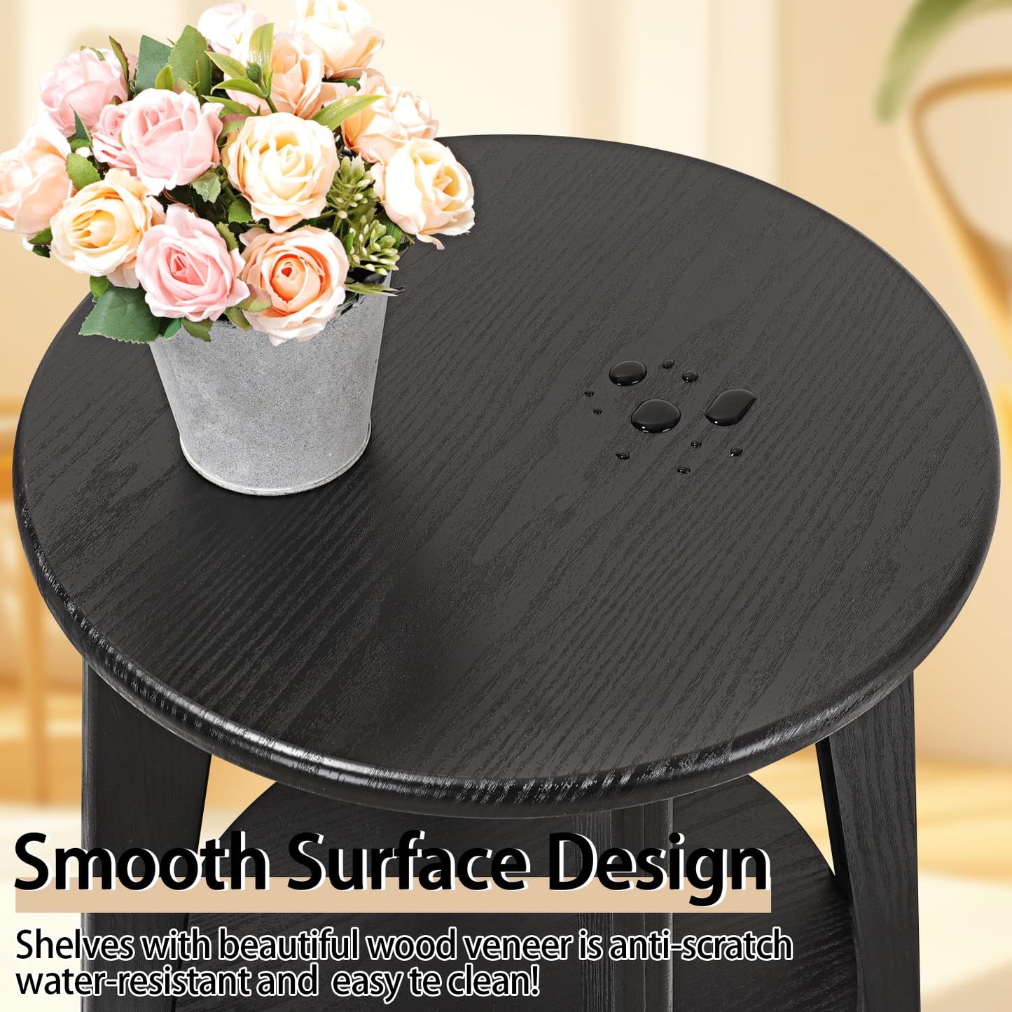 FEUFOAM 2-Tier Round Side End Table Black Beside Table Sofa Table Nightstand Modern Accent Table for Small Spaces Living Room Bedroom 40W x 52H cm