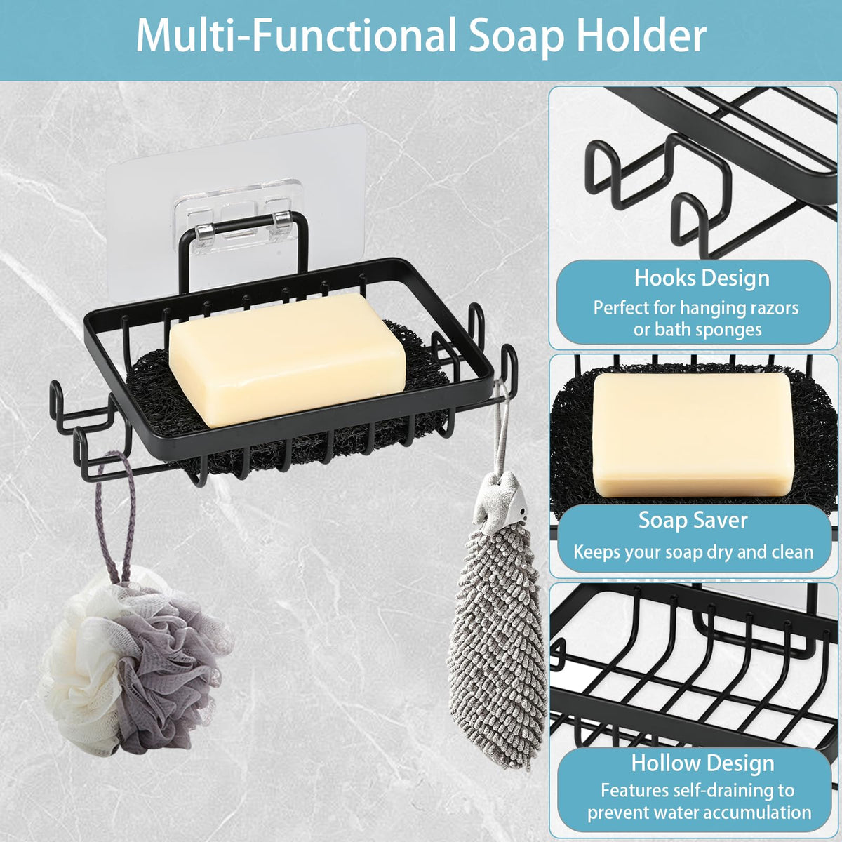 YoHyien 2 Pcs Stainless Steel Wall Mounted Soap Holder, Self Adhesive Soap Dishes with Hooks & Soap Saver, Shower Soap Holder for Bathroom, Kitchen