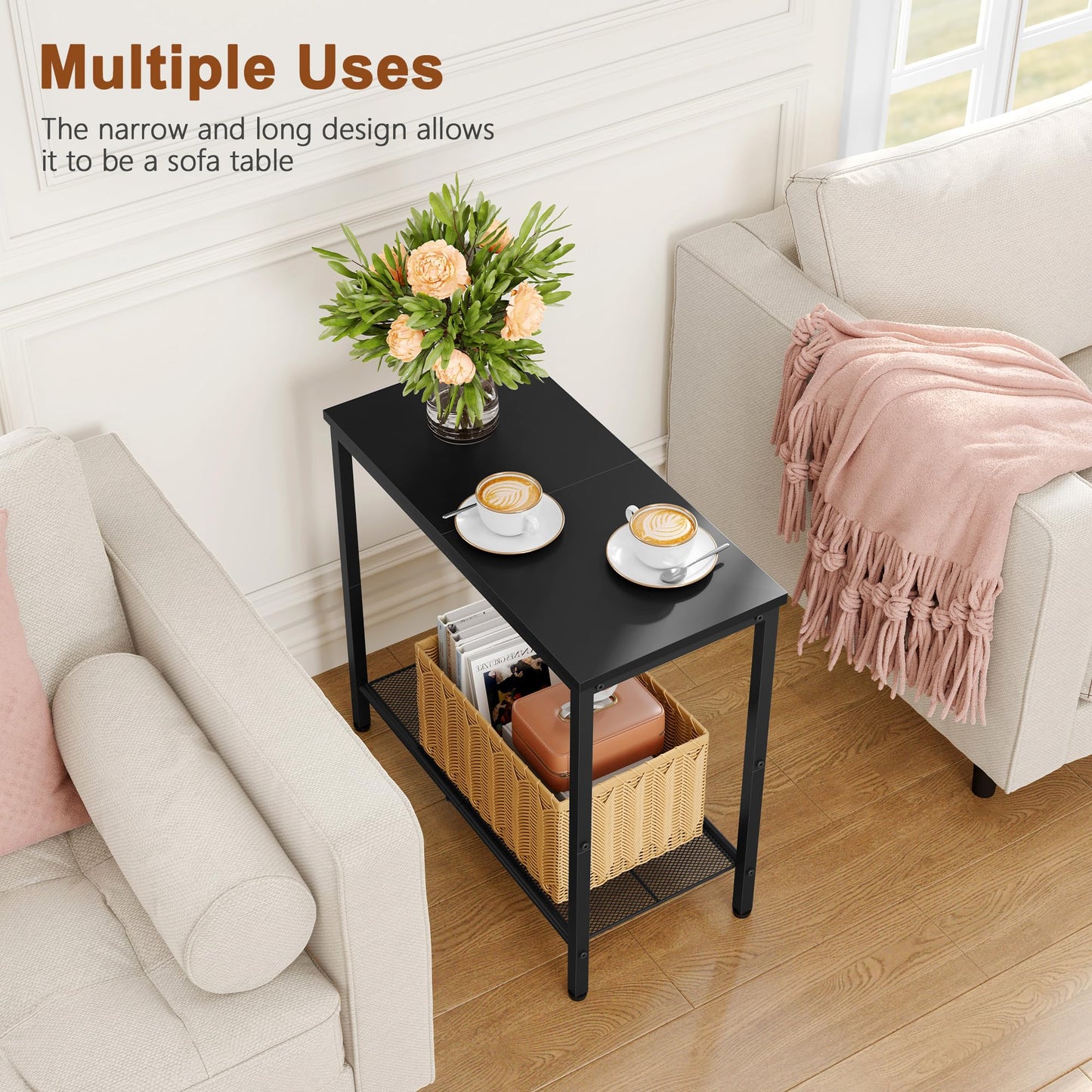 Hoctieon 2 Tier End Table, Sofa Side Table, Narrow Side Table with Storage, Slim Nightstand for Small Spaces, Metal Frame, for Living Room, Bedroom