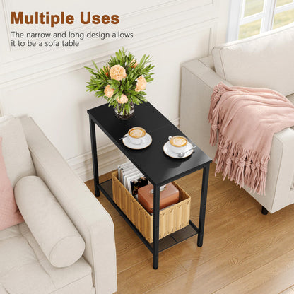 Hoctieon 2 Tier End Table, Sofa Side Table, Narrow Side Table with Storage, Slim Nightstand for Small Spaces, Metal Frame, for Living Room, Bedroom