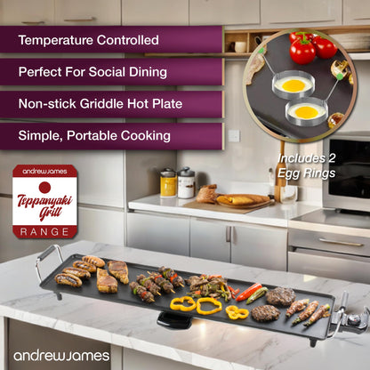 Andrew James Teppanyaki Electric Grill Plate & 2 Egg Rings | XXL Non-Stick Tabletop Griddle with 88cm x 23cm Hot Plate & Adjustable Temperature |