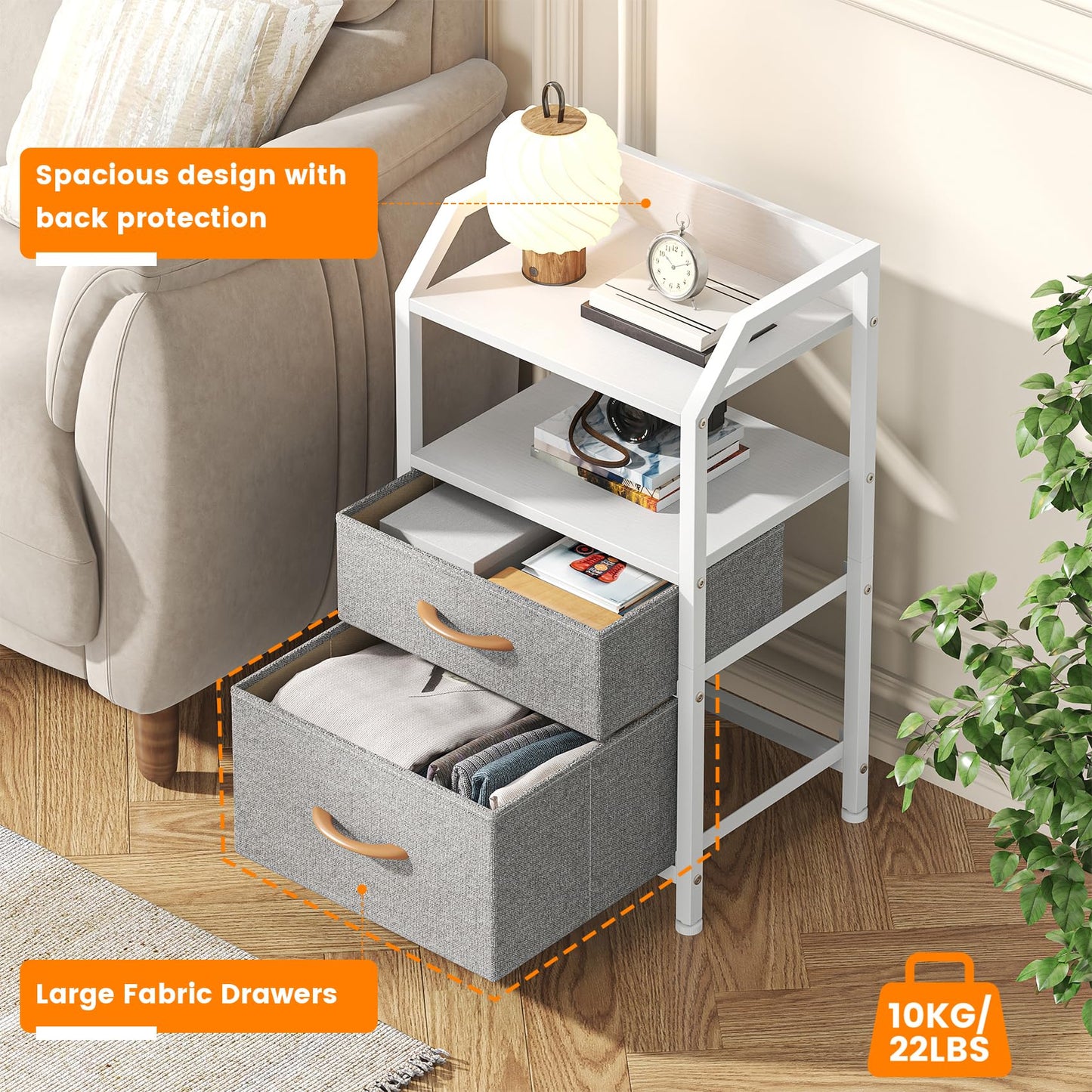 Feonase Bedside Table with 2 Fabric Drawers & Open Shelf - Sturdy Metal Frame Nightstand, Compact End Table for Bedroom, Living Room, Small Spaces
