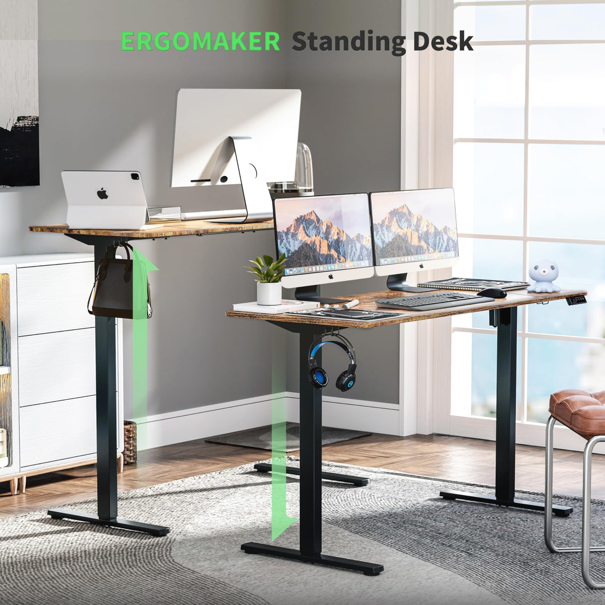 ERGOMAKER Electric Standing Desk 110x60cm, 2 Memory Heights, Rustic Brown