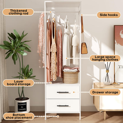 MYGIIVOVO Open Wardrobe, Clothes Rail with Drawers for Bedroom, with 2 White Fabric Drawers, 4 Side Hooks and Metal Frame 30D x 50W x 172H cm