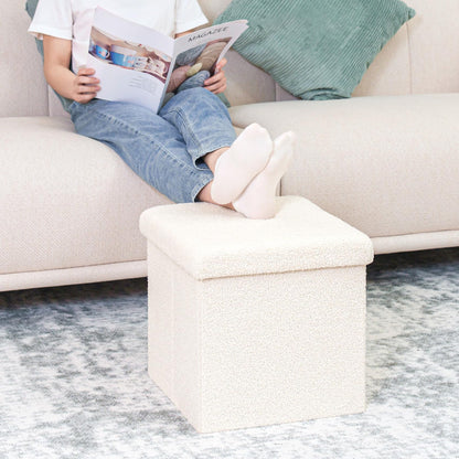 Bonlife Boucle Ottoman Storage,Foot Rest Stool Seat,Folding Footstool for Living Room,Sherpa Ottoman for Bedroom,Cream,40x40x40cm