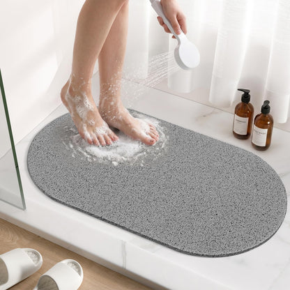 HITSLAM Oval Loofah Shower Mat, Non Slip Bath Mat, 69x40cm, Grey