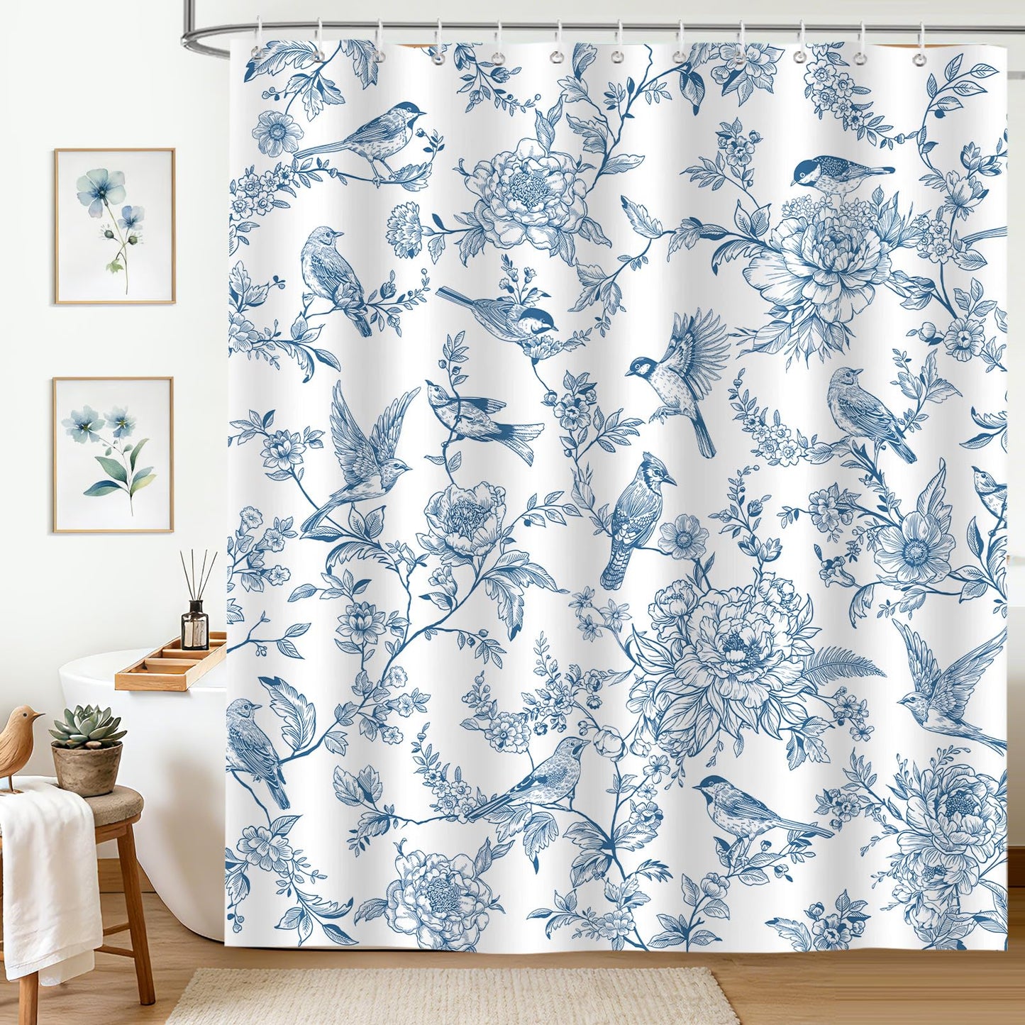 hometrixx Farmhouse Vintage Blue Floral Birds Shower Curtain 180x200cm